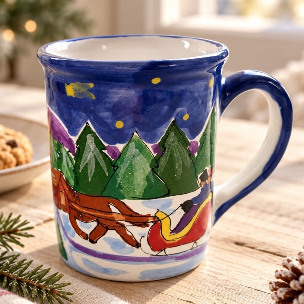 Mesa International Hungary Handcrafted Winter Sleigh Ride Pottery Mug Boli Sign